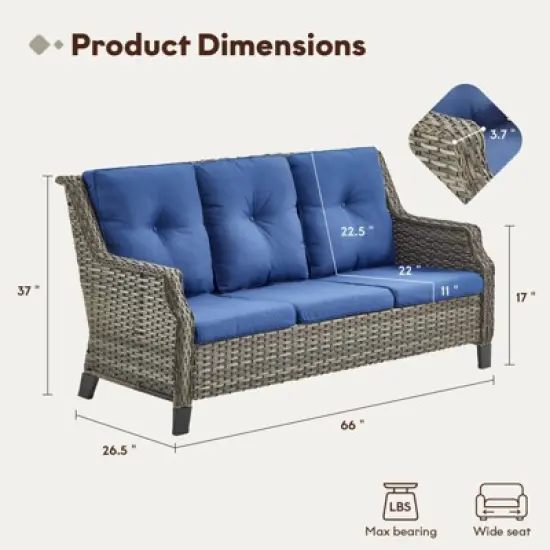POCASSY Outdoor Wicker Sofa, Outdoor Furniture Patio Couch with All Weather Rattan and Olefin Cushion Cover for Porch, Deck, Gray Wicker Blue Cushion image {6}