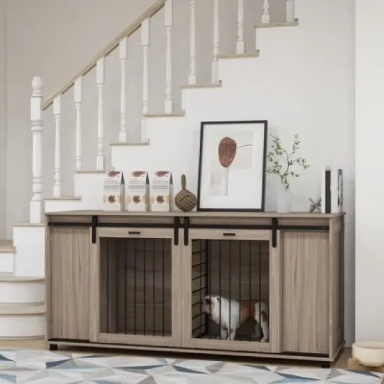 PawHut 71" Dog Crate Furniture with Removable Divider for 2 Small Dogs or 1 Large Dog, Dog Kennel Furniture with Storage, Double Doors image {1}