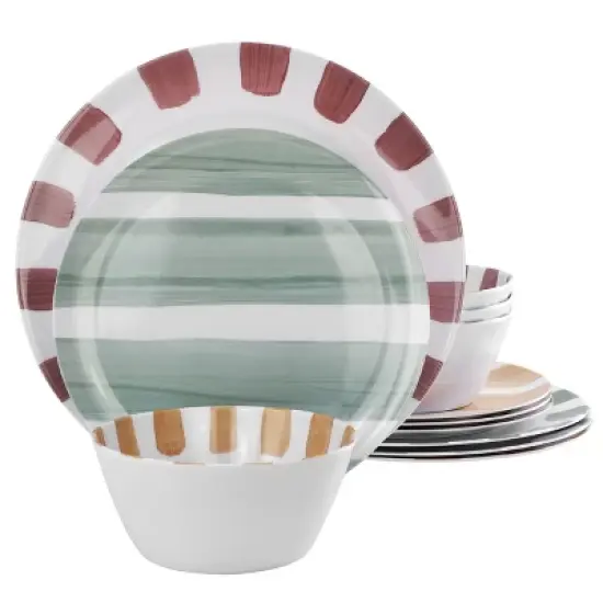 Gibson Home Cottage Stripes 12 Piece Melamine Dinnerware Set in White and Multi image {8}
