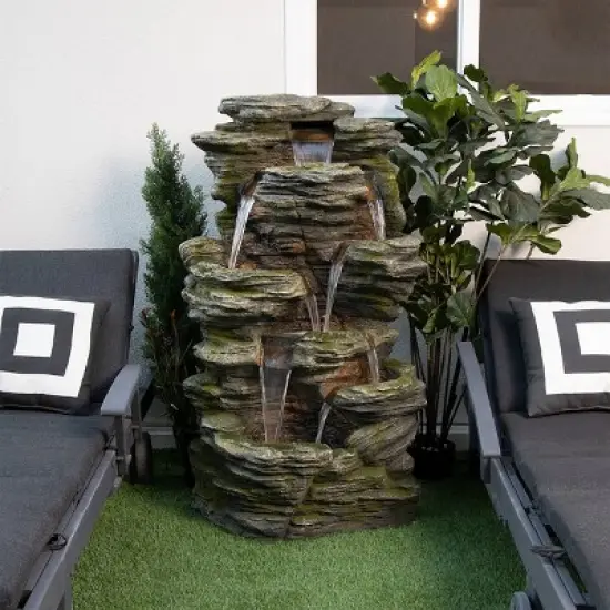 51" Resin Rock Cascading Fountain with LED Lights Gray - Alpine Corporation: Waterfall Feature, Birdbath image {5}