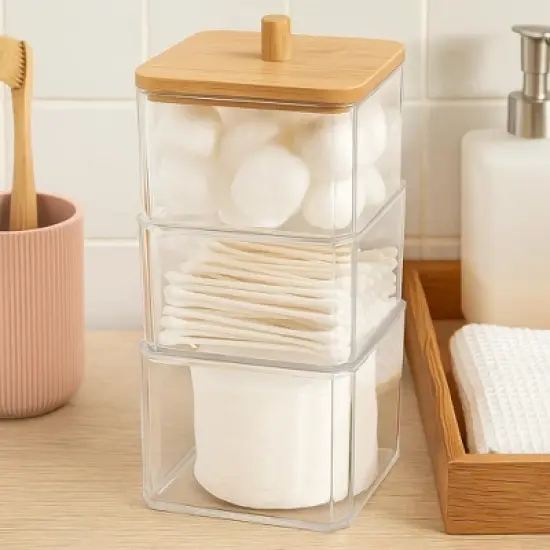Cotton Swab and Ball Holder  with Bamboo Lid, 3 Tier Nonslip Acrylic Q-tip Dispenser & Jewelry Storage Box, Bathroom, Vanity & Desk Essentials image {1}