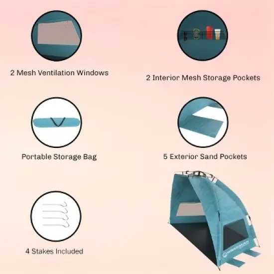 Leisure Sports Pop-Up Beach Tent with UV Protection, Mesh Windows, and Carry Bag - Turquoise image {2}