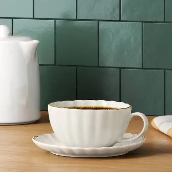 13.1 fl oz Stoneware Tea Cup with Saucer Gold Rim - Threshold&trade; image {1}