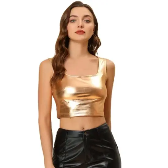 Allegra K Women's U Neck Sleeveless Party Clubwear Shiny Metallic Crop Tank Tops image {8}