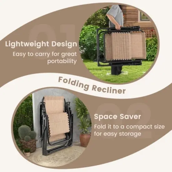 Costway 2PCS Patio Zero Gravity Lounge Chair Cushion Tray Folding Outdoor Recliner Black/Grey/Beige image {6}
