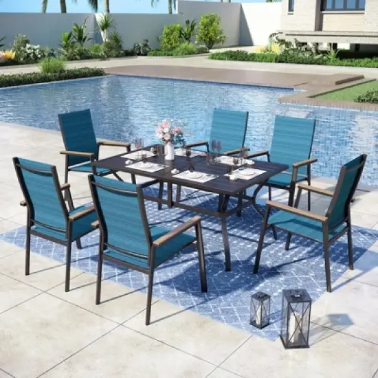 Captiva Designs 7pc Patio Dining Slat-top Rectangle Table & Textilene Chairs with Wood-like Armrests image {16}