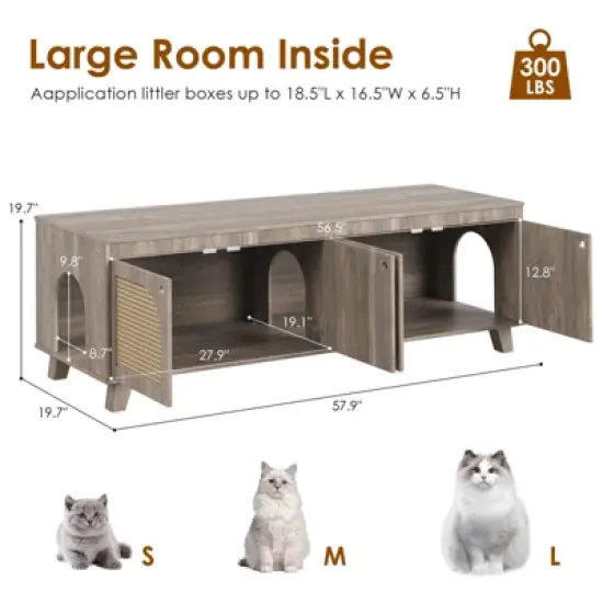FURNIinspire Pet Crates and Houses Double Large Hidden Cat Litter Box Enclosure Furniture Cabinet with Rattan Doors, Brown, 57.9"*19.7"*19.7" image {4}