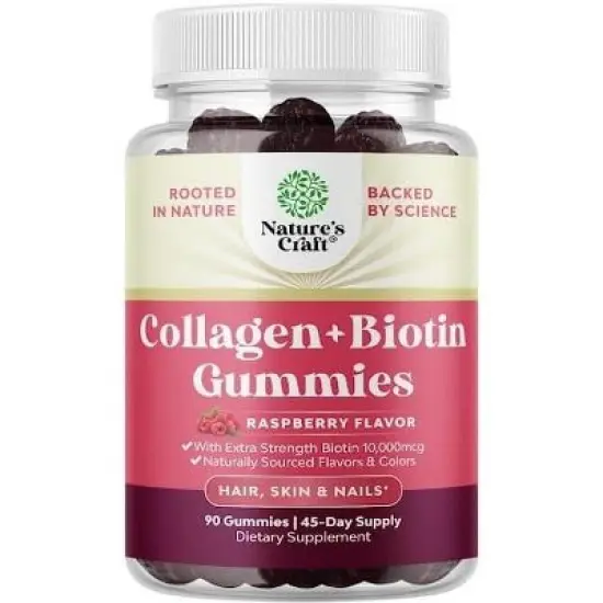 Collagen + Biotin Gummies, Extra Strength Biotin Collagen Supplement for Hair, Skin, & Nails for Women, Raspberry Flavor, Nature's Craft, 90ct image {8}