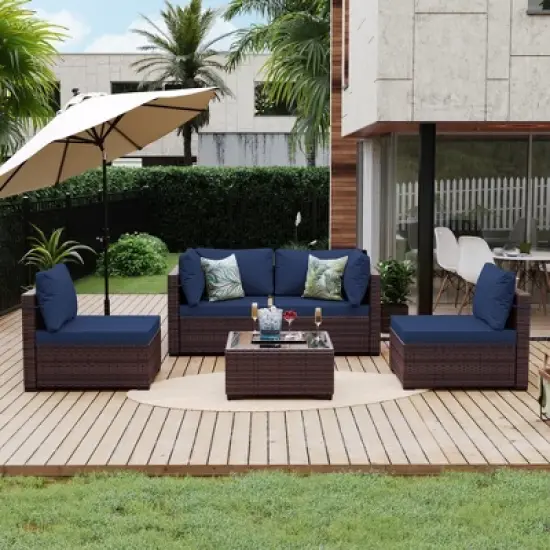 UPHA 5-Piece Rattan Patio Sofa Conversation Set with Cushions image {14}