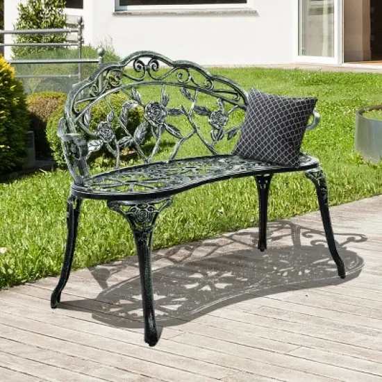 Costway Patio Garden Bench Chair Style Porch Cast Aluminum Outdoor Rose Antique Green image {4}