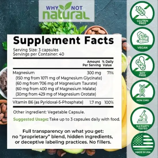Why Not Natural 4-in-1 Magnesium Complex Supplement - Glycinate, Taurate, Malate, Orotate Blend - 300 mg per Serving, 120 Capsules image {1}