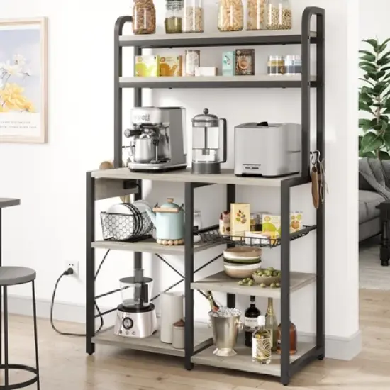 Bakers Rack with Power Outlet, 5-Tier Microwave Stand with Wire Basket, Coffee Bar Station, Kitchen Open Storage Shelves for Spices, Dishes image {10}
