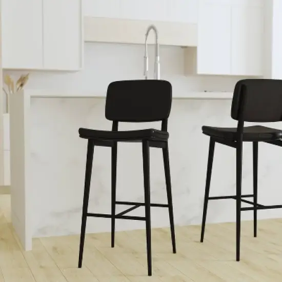 Set of 2 Faux Leather Contemporary Black Metal Frame Barstools with Integrated Footrest - Merrick Lane image {13}