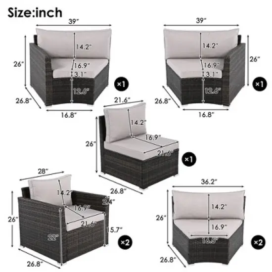 9-Piece Outdoor Patio Wicker Half-Moon Sectional Sofa Set with Nesting Coffee Table and 2 Armchair image {4}