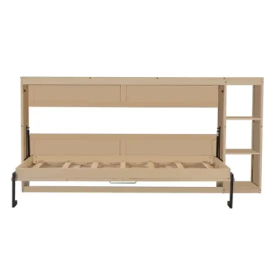 Twin/Full Size Murphy Bed Multifunctional Foldable Platform Bedframe with Bookshelf, Natural/White-ModernLuxe image {5}