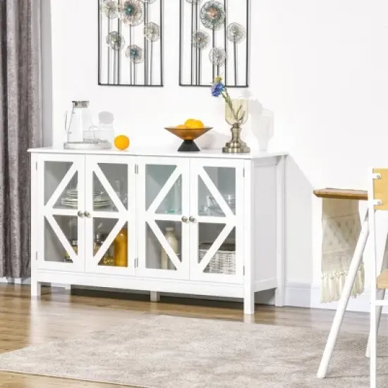 HOMCOM Kitchen Sideboard, Tempered Glass Door Buffet Cabinet with Adjustable Storage Shelf for Living Room, Kitchen, Study, White image {1}