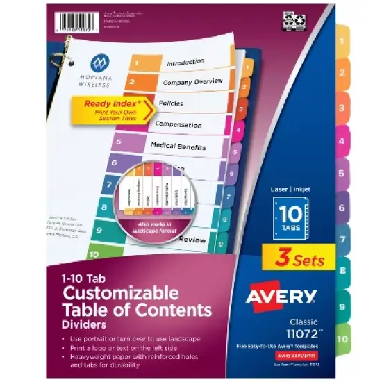 Avery Dividers for 3 Ring Binders, 10 Tabs per Set, Customizable Table of Contents, Multicolor Tabs (3 Sets of 11072) image {8}