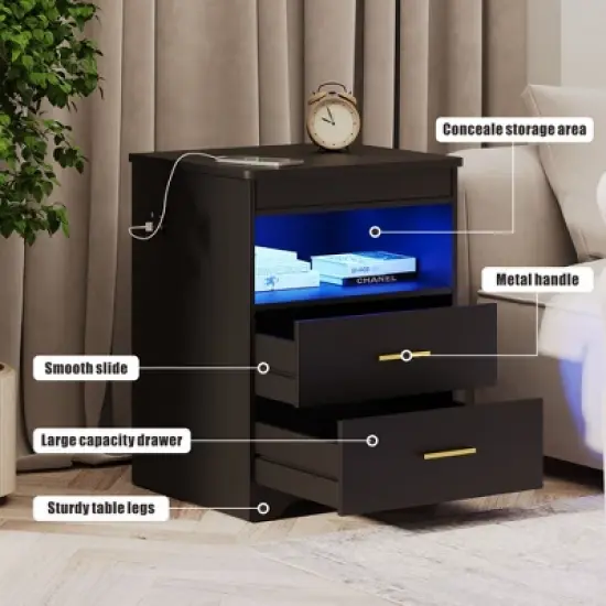 Fredees Night Stand with Drawer, Charging Bedside Table with USB & Type-C Port, LED Nightstand with Human Sensor Light. image {7}