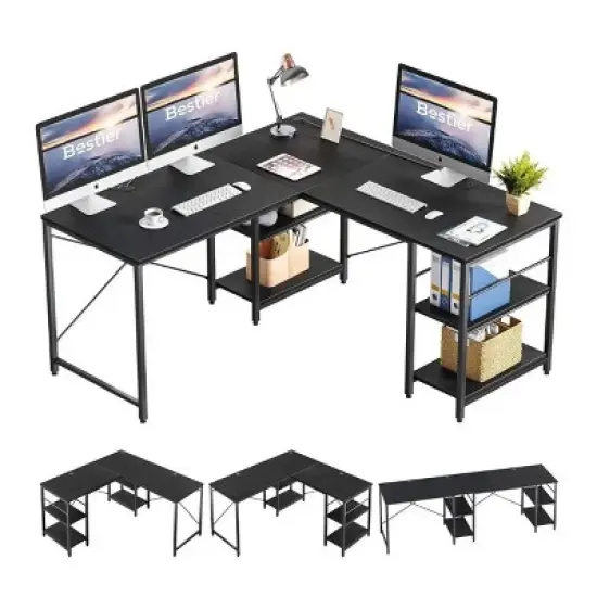 Bestier 59''L Shaped Gaming Desk with 4 Tier Adjustable Shelves,Reversible Corner Computer Desk,95"double desk for 2 person Home Office image {6}