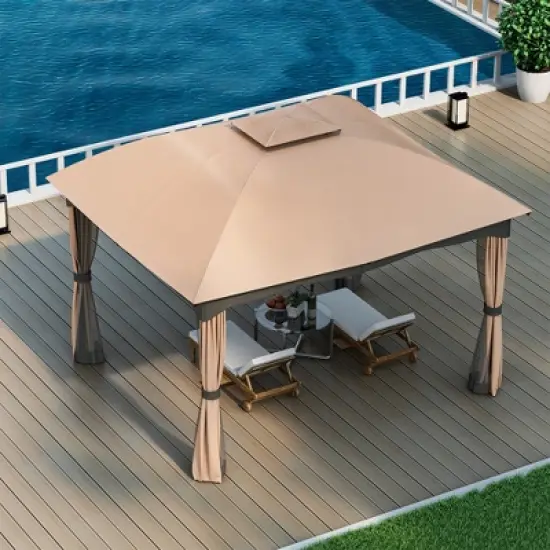 Tangkula Patio 12'x 10'Canopy Heavy Duty Steel Gazebo Double Vented Outdoor Brown image {2}