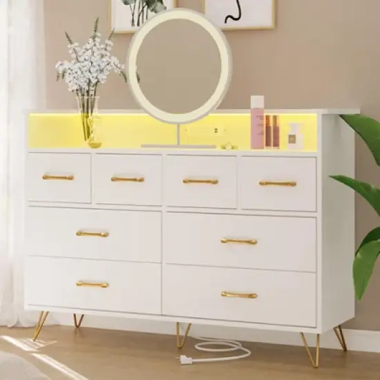 Dresser with Power Outlet and LED Lights, Wood 8 Drawer Dresser for Bedroom, Modern Chest of Drawers for Closet, Living Room image {12}