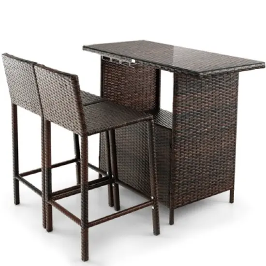Tangkula 3PCS Wicker Bar Set Height Table 2 Stools w/3 Rows Stemware Racks Garden Patio image {7}