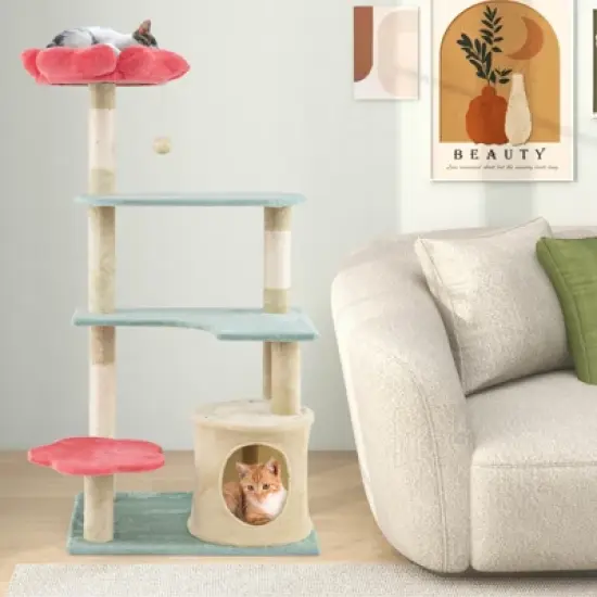 Costway 49" Tall Cat Tree Multi-Level Aesthetic Floral Kitten Tower Indoor Cat Climbing Stand Activity Center image {4}