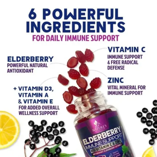 Immune Support Gummies, Sambucus Elderberry Gummy Elder Berry Extract, Zinc & Vitamin C, Vegan Immune Support - 60 Gummies By Nature's Nutrition image {2}