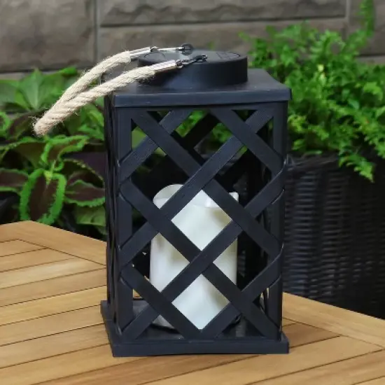 Sunnydaze Outdoor Modern Crosshatch Hanging Tabletop Solar LED Rustic Farmhouse Decorative Candle Lantern - 9" image {1}