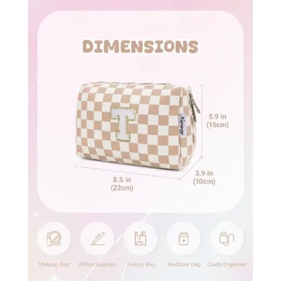 Narwey Birthday Gifts forTeen Girls Personalized Initial Checkered Makeup Bag image {1}