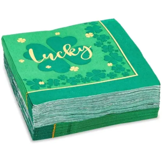 Sparkle and Bash 50 Pack St Patricks Green Four Leaf Clover-Themed Lucky Disposable Cocktail Paper Napkins image {3}
