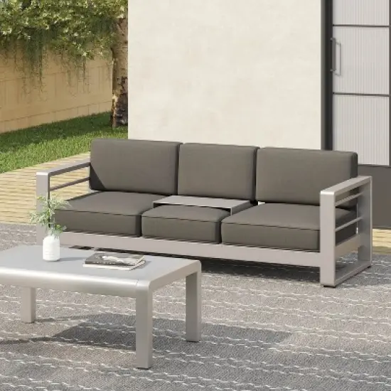 GDFStudio William Outdoor Aluminum 3 Seater Loveseat Sofa with Tray, Silver/Light Gray image {1}