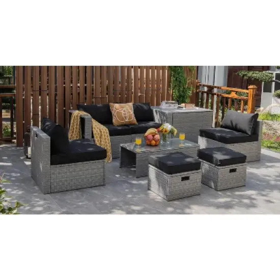 Tangkula 8 Pieces All-Weather PE Rattan Patio Furniture Set Outdoor Space-Saving Sectional Sofa Set with Storage Box image {1}