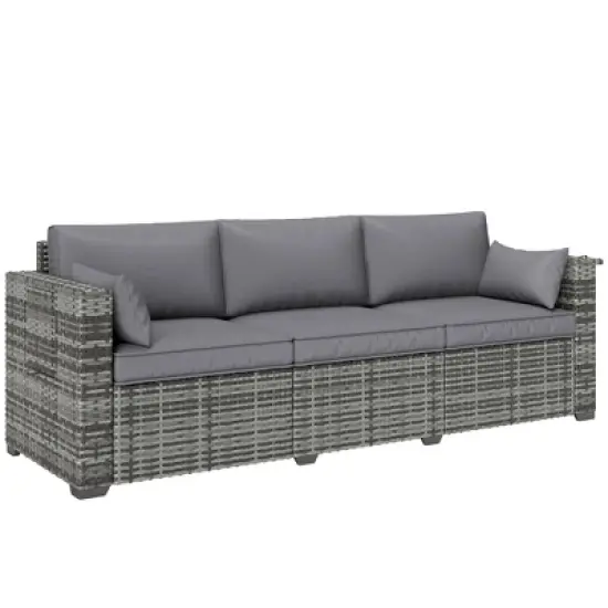 Outsunny 3 Seater Wicker Sofa with Side Trays, Rattan Outdoor Patio Couch with 6" Thick Back Cushions, Deep Seating for Porch, Garden, Mixed Gray image {6}