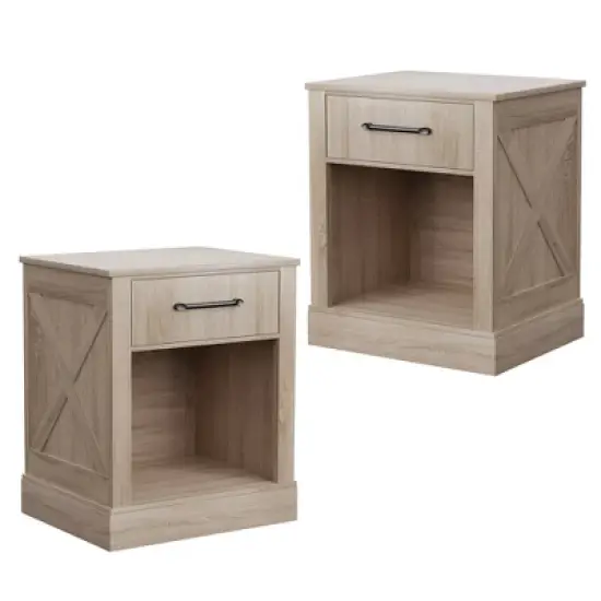 Costway 2PCS Nightstand with Drawer and Shelf Rustic Wooden Bedside Table Bedroom Brown / Natural / Black image {12}