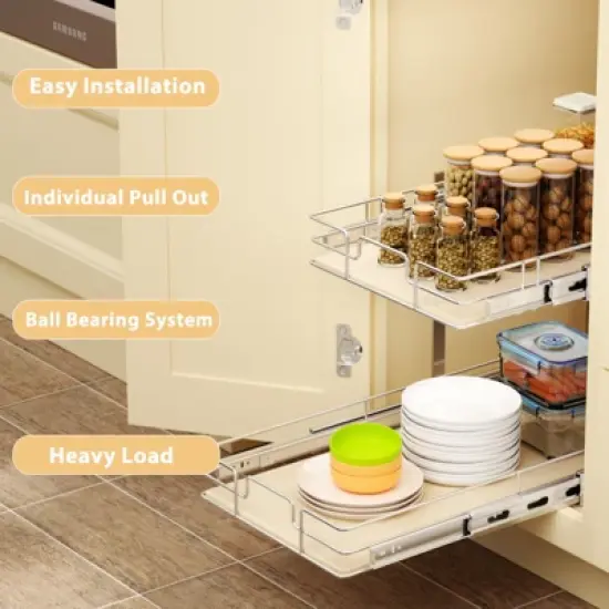LOVMOR 2 Tier Individual Pull Out Cabinet Organizer, Slide Out Wood Shelves Organizers, Pull Out Drawers Organization and Storage for Kitchen Cabinet image {4}