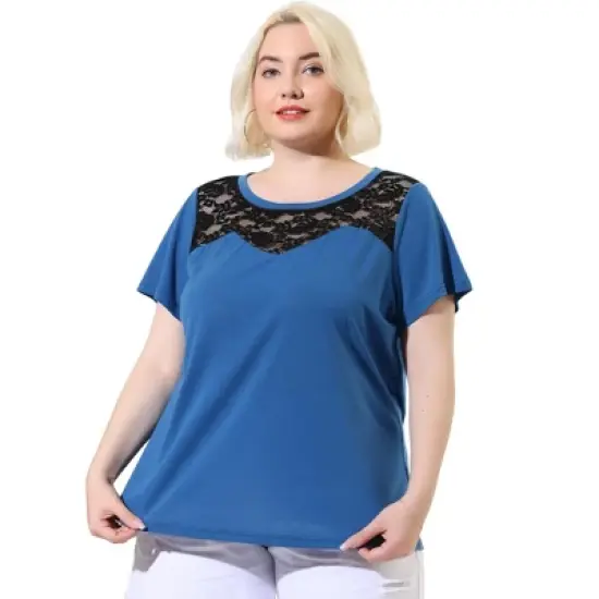 Agnes Orinda Women's Plus Size Lace Insert Short Sleeves Round Neck T-shirts image {9}