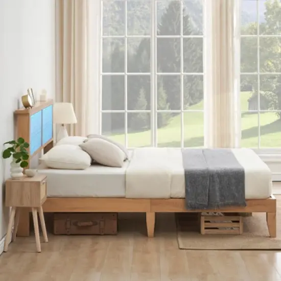 Rattan Bed Frame Full with Natural Rattan Headboard,Bohemian Rattan Full Size Bed Frame with LED Lights, With Silent Slats,No Box Spring Needed (Full) image {6}