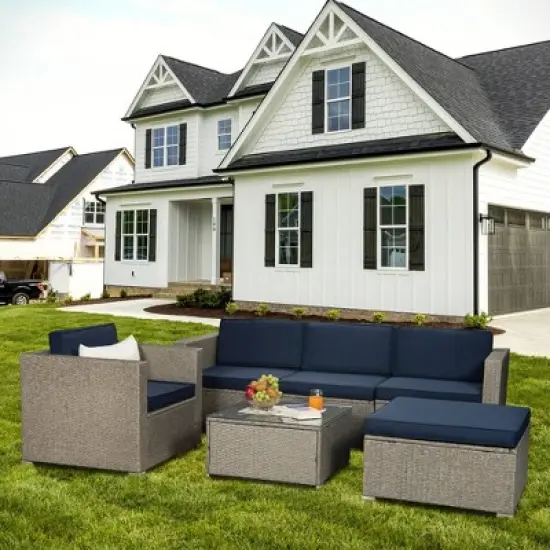6pc Outdoor Rattan Wicker Set with Sectional, Chairs, Accent Table & Ottoman - Gray/Navy - GODEER image {1}