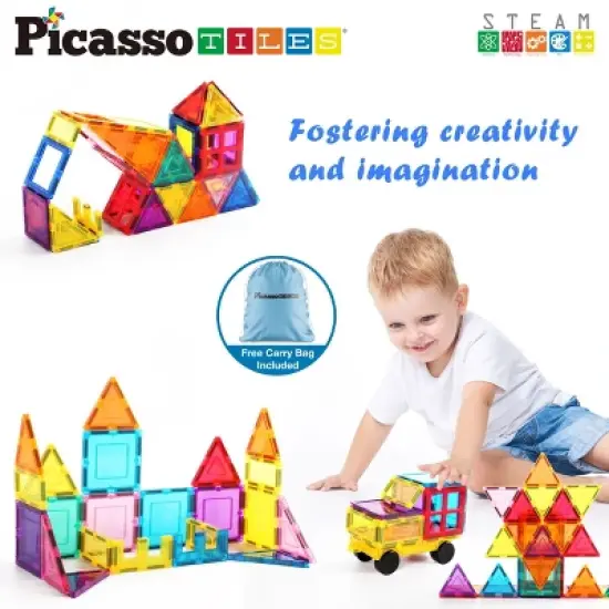 PICASSO-TILES Magnetic Tiles For Kids with Tote Bag, 61PCS Construction STEM Building Blocks Educational Toy image {6}