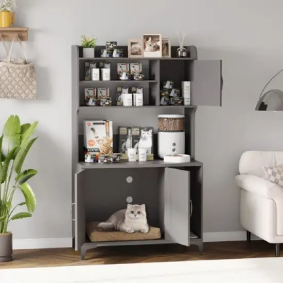 COZONY 51" Cat Litter Box Enclosure with 4 Shelves & Storage Cabinet &mdash; Wooden Hidden Cat House Furniture with Scratch Pad for Indoor Washroom image {4}