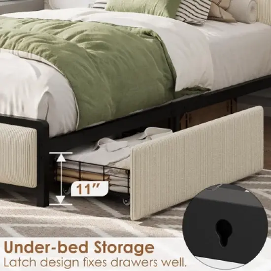 Bed Frame with 2 Storage Drawers and Charging Station, Rustic Velvet Upholstered Platform Bedframe with Storage Headboard, No Box Spring Needed image {5}