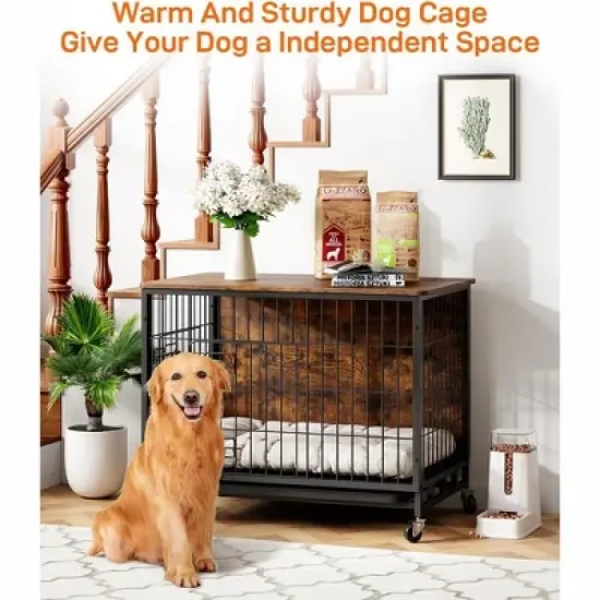 Dog Crate Furniture,Double-Doors Dog Kennel Indoor with Removable Tray and Wheels, Decorative Dog Cage End Table image {2}