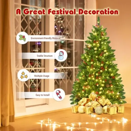 Costway 4.5Ft\6.5Ft\7.5Ft Pre-lit Hinged Christmas Tree w/ Pine Cones Red Berries and 300\450\450 LED Lights image {6}