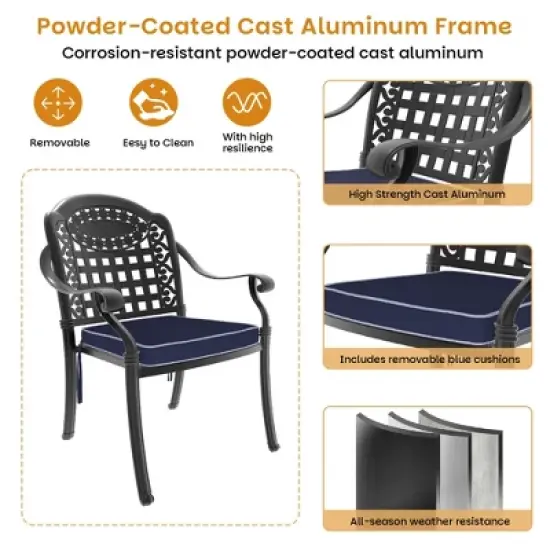 7-Piece Cast Aluminum Outdoor Dining Set: OvalTable, Stackable Chairs & Blue Cushions - All-Weather Patio Furniture for Your Backyard image {8}