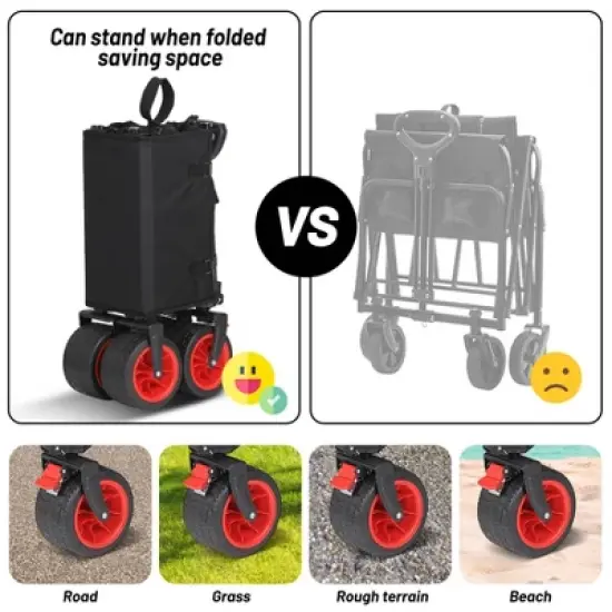 Garvee Foldable Wagon Cart with Big Wheels, Collapsible Utility Cart with Adjustable Handle, Side Pockets and Cup Holder for Shopping, Garden, Black image {8}