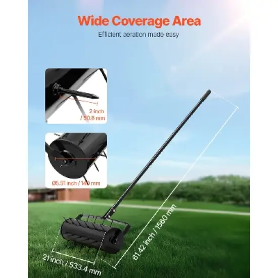 VEVOR Rolling Lawn Aerator, 21-inch Heavy-Duty Manual Rolling Aerator Lawn with Detachable Handle and 33 Iron Spikes, Black image {2}