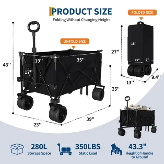 Collapsible Wagon Cart with Wheels, Foldable Utility Heavy Duty Wagon for Camping, All Terrain Beach Cart with Cup Holders image {1}