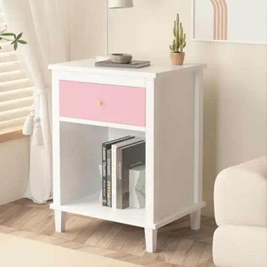 PAGED Night Stand Modern Bedside Table Wooden Nightstand with Storage Drawer and Open Shelf for Bedroom image {1}
