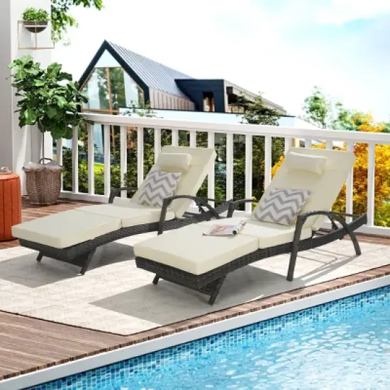 Foldable Wicker Outdoor Patio Chaise Lounge Set Of 2,Outdoor Reclining Lounge Chair Recliner Up To 150&deg; With Cushion And Armrest -Maison Boucle image {1}